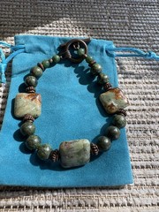 Green Serpentine Jasper Beaded Bracelet Copper Toggle Clasp Moss Matrix 8.25″