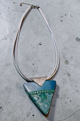 Handmade White Blue & Green Polymer Clay Large Pendant Necklace 18″ on Cord SS