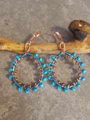 UNIQUE S/M BRIGHT COPPER WIRE LOOP/TURQUOISE/SIENNA SEED BEAD/WIRE WRAP EARRINGS