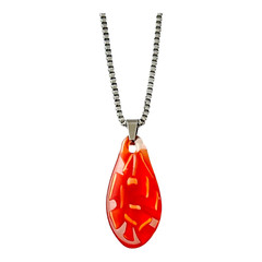 Stainless Steel Necklace Lampwork Pendant Encased Orange Flower Clear Glass