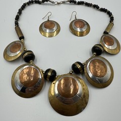 Vintage Hammered Metal Necklace Retro Copper Brass Silver & Earrings Boho MCM
