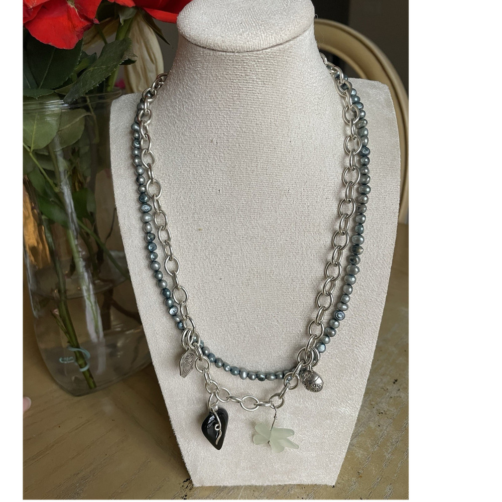 Artisan Sterling Silver Statement Necklace 82g – Gray Pearls, Onyx, MOP, Ladybug