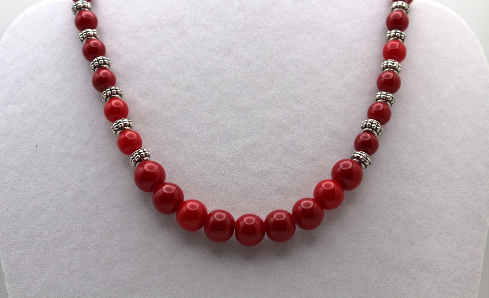 Handcrafted 22″ red glass beads with silver plated spacers necklace