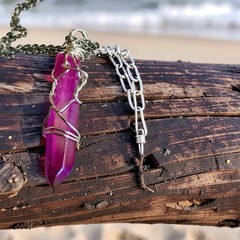 Hot Pink Aura Lemurian Quartz Pendant Wire Wrapped Silver Necklace Crystal Point