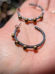 Designer BORA 14K Gold Green Onyx Oxidized 925 Sterling Silver Hoop Earrings