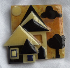Vintage House Pin by Lucinda Black Beige Yellow Orange Tree Cloud Sun 3D
