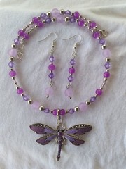 Handcrafted Purple Silver Beaded Memory Wire Dragonfly Choker Earring Set