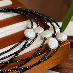 Handmade black spinel bead necklace 18 inch pearl pendant spread Spirituality