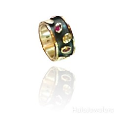 Handmade 925 Sterling Silver Black Brilliant Cut Oval CZ and Rubies Stone Ring
