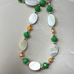 Handmade Beaded Necklace Bracelet Set White Shell Peach Pearls and Green Glass