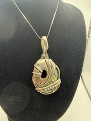 Abalone Paua Shell Pendant Necklace Wrapped Silver Tone Artisan Boho Statement