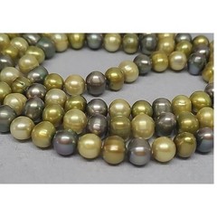 Freshwater Cultured Pearl Necklace Gold Green Grey Long Strand Knotted 34″