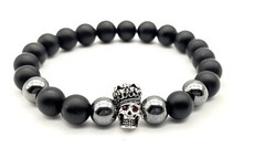 Matte Onyx and Hematite Gemstone 10mm Beaded CZ Glowing Eye Skull Bracelet