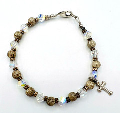 Sterling Silver Christian Cross Charm Bracelet AB Glass Beads 7.5 in
