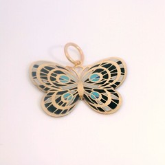 Solid 14K Gold Butterfly Pendant Animal Necklace Hand-Painted – Black White Blue