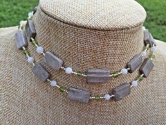 Handmade Necklace of Gray and Cream Marble, Peridot Stone and White Shell Beads