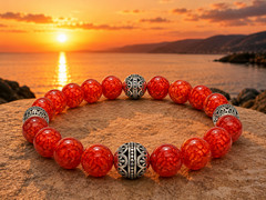 Handmade 10mm Sunset Orange Fire Agate Gemstone & Tibetan Silver Bracelet