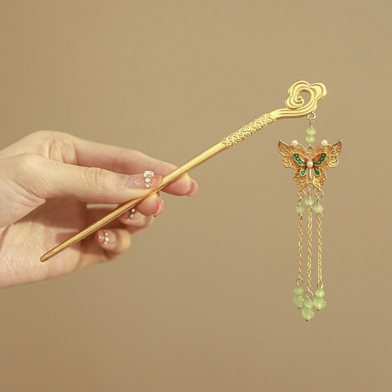 New Chinese Style Filigree Cloisonné Butterfly Cloud Tassel Enamel Hairpin