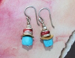 Turquoise Cube Red Coral Hill Tribe Gold Silver Handcrafted Stack Earrings