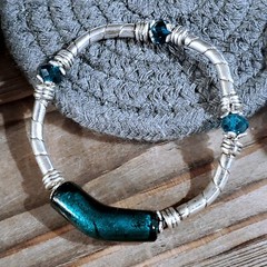 Edgy Silver Teal Green Blue Foil Glass Metal and Crystal Stretch Bracelet