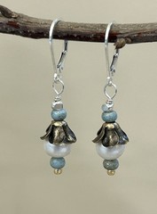 Vintage Style Bronze Blossom Freshwater Pearl Pale Blue Sterling Silver Earrings