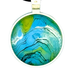 Pendant Necklace Handmade «Blue Ocean» Silver Bezel 25mm Black Cord