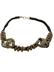 Handcrafted Metallic Wire Coil Necklace Flower Accents Black Braid Cord Vintage