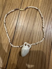 Boho Ceramic Amphora Pendant Necklace Cat’s Eye Beaded Vintage Artisan Jewelry