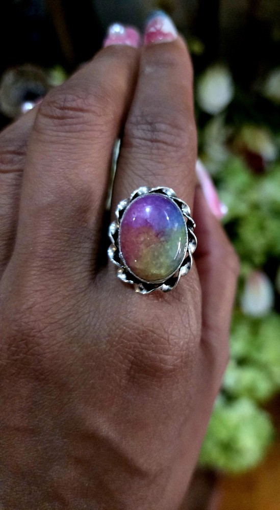 Nwob 925 Oval Multicolored Womens Sz 7 Cocktail Ring Handmade In India