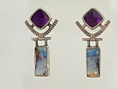 Opal Amethyst post earrings in sterling silver Bezel set signed Debbie Noiseau