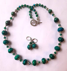 Blue Green AZURITE ROUNDELS faceted CRYSTAL necklace SP LEVERBACK handcrafted