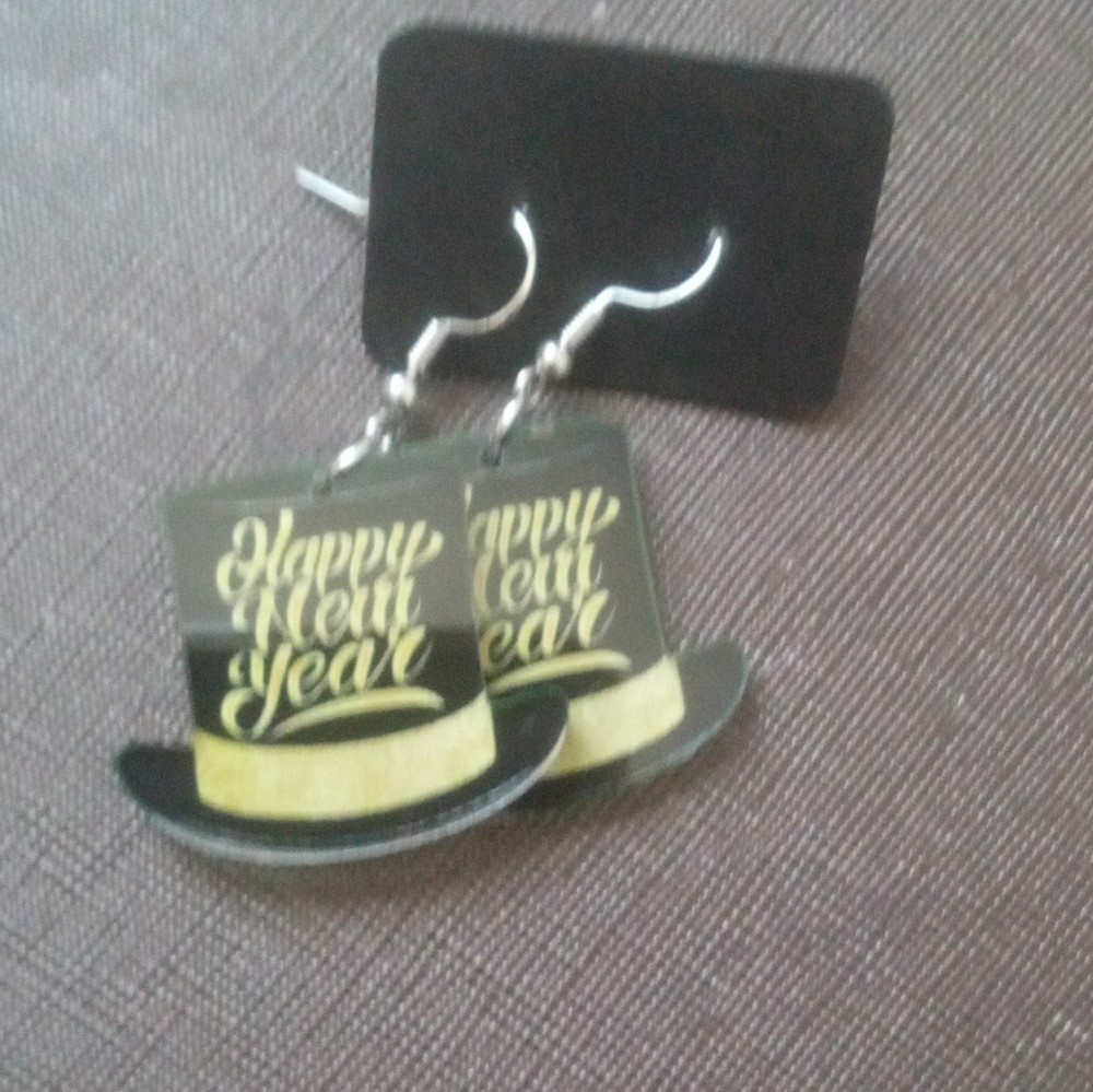 New Year Hat Dangle Drop Earrings Black Gold Plastic Hook Unisex Adults No Stone