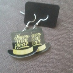 New Year Hat Dangle Drop Earrings Black Gold Plastic Hook Unisex Adults No Stone