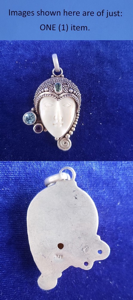 Sterling Silver Goddess Carved Moon Face Multi Gemstones Pendant 25pt446