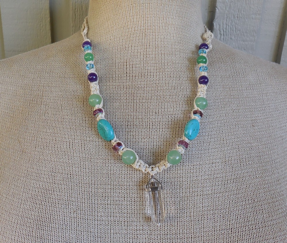Quartz Double Terminated Point Adjustable Hemp Necklace with Aventurine Amethyst