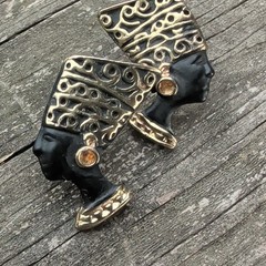 Black & Gold Tone Nefertiti Pharaoh Head Stud Earrings, Butterfly Back