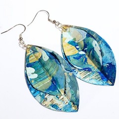 Large Dangle drop earring Light Blue marble swirl Handmade Upcycled