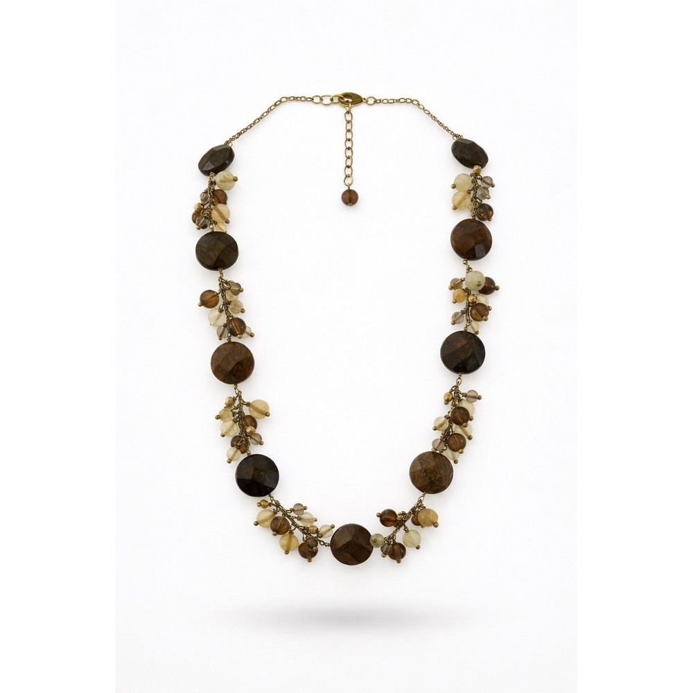 Natural Stone Beaded Statement Necklace Brown Champagne Gold Tone Adjustable