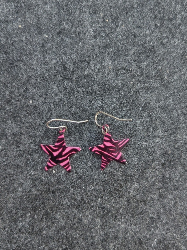 Hot Pink and Black Zebra Print Star Drop Earrings (Used, Custom)