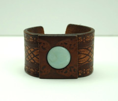 Handcrafted Leather Cuff Bracelet Real Aquamarine Stone & Engraved Brass Clasp