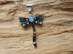 Dragonfly Moon Stars Night Sky Micro Inlay Gemstone Sterling Silver Pendant AI70