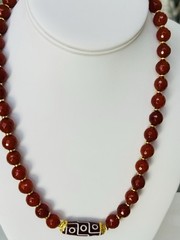 Genuine Carnelian 10mm Faceted Beaded Necklace w/ Tibetan Dzi Center Bead