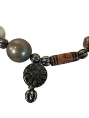 Handmade Mixed Bead Necklace Silver & Cream Geometric Accents Tribal Boho