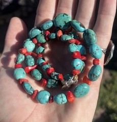 Turquoise 925 Necklace with Red Coral 20.5” / 6-14mm / Hubei and Bamboo coral