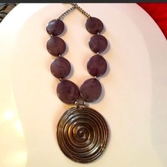 Artistic Spiral Pendant Statement Necklace Womens OS Purple Silver Marbled Boho