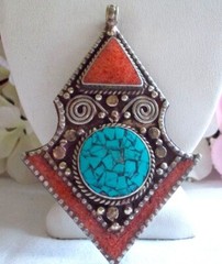 HANDMADE TIBETAN TURQUOISE AND CORAL 925 STERLING SILVER PENDANT-3.25″ X 2.2″