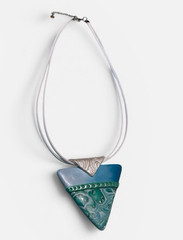 Handmade White Blue & Green Polymer Clay Large Pendant Necklace 18″ on Cord SS