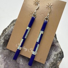 Native American Mosaic Inlay Dangle Bar Earrings Lapis Opal Sterling Silver 925
