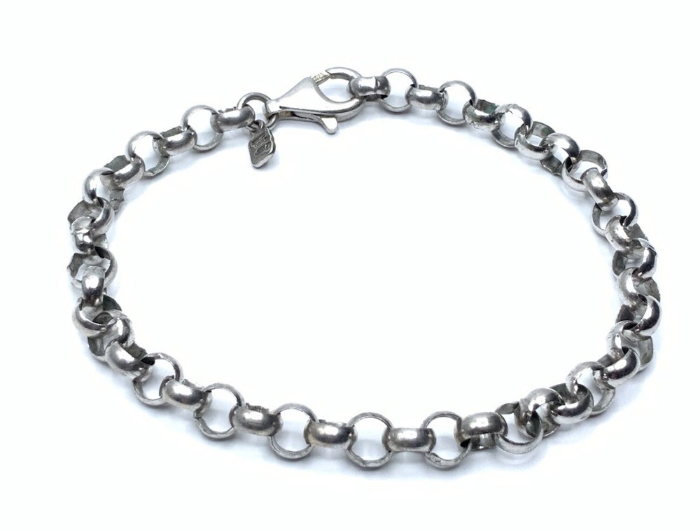 Italy Arezzo Hallmarks Sterling Silver 925 Rolo Link 6.6mm Chain 8.75” Bracelet