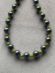 HEMATITE & OLIVE GREEN GLASS Beads Unisex Necklace 19.5” Stainless Toggle